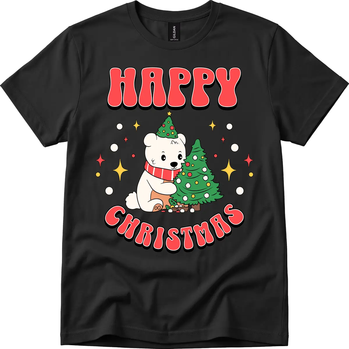 Happy Polar Bear Christmas T-Shirt in Black
