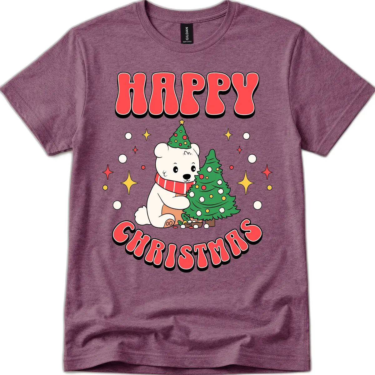 Happy Polar Bear Christmas T-Shirt in Heather Maroon