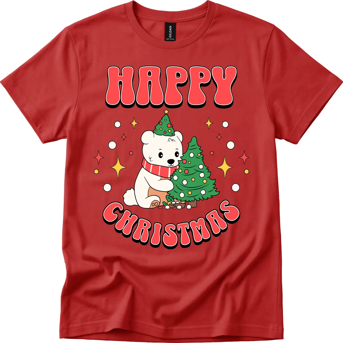 Happy Polar Bear Christmas T-Shirt in Red