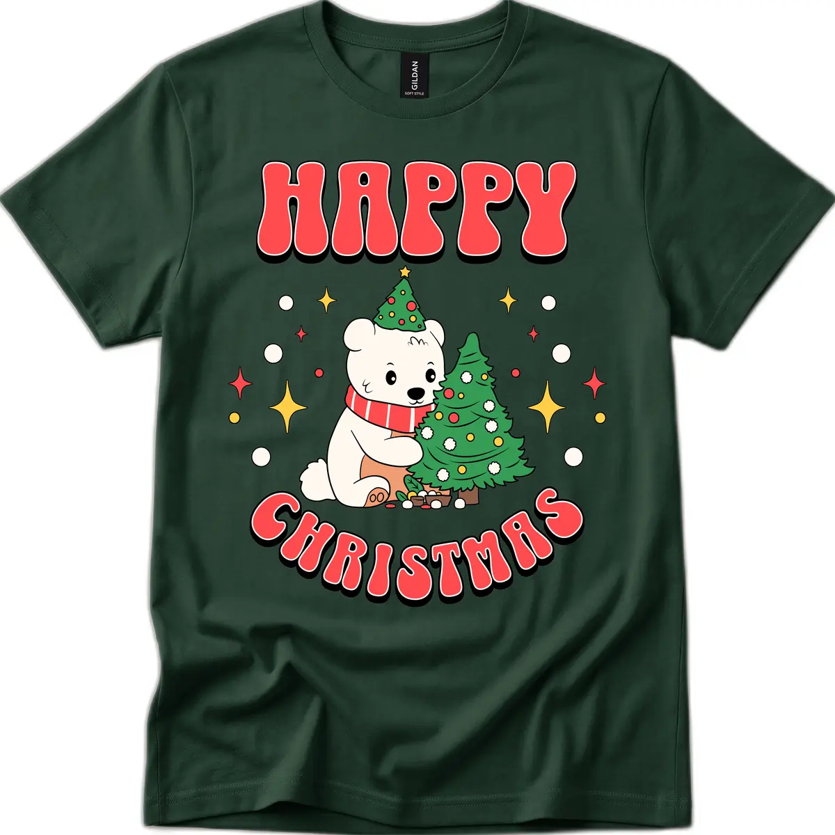 Happy Polar Bear Christmas T-Shirt in Forest Green