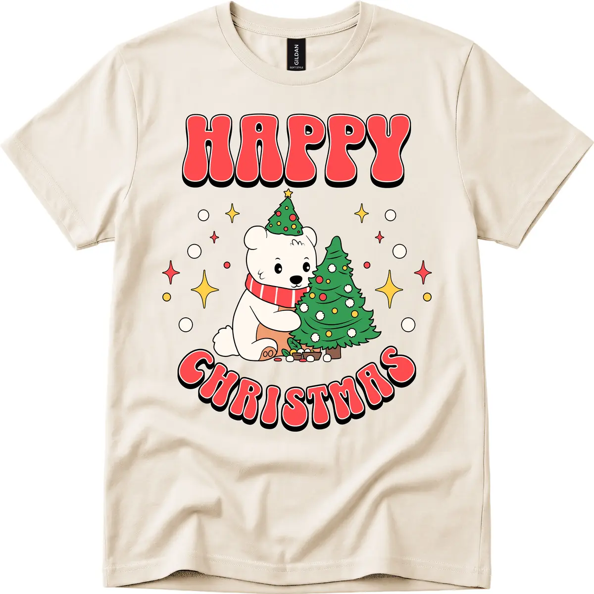 Happy Polar Bear Christmas T-Shirt in Natural