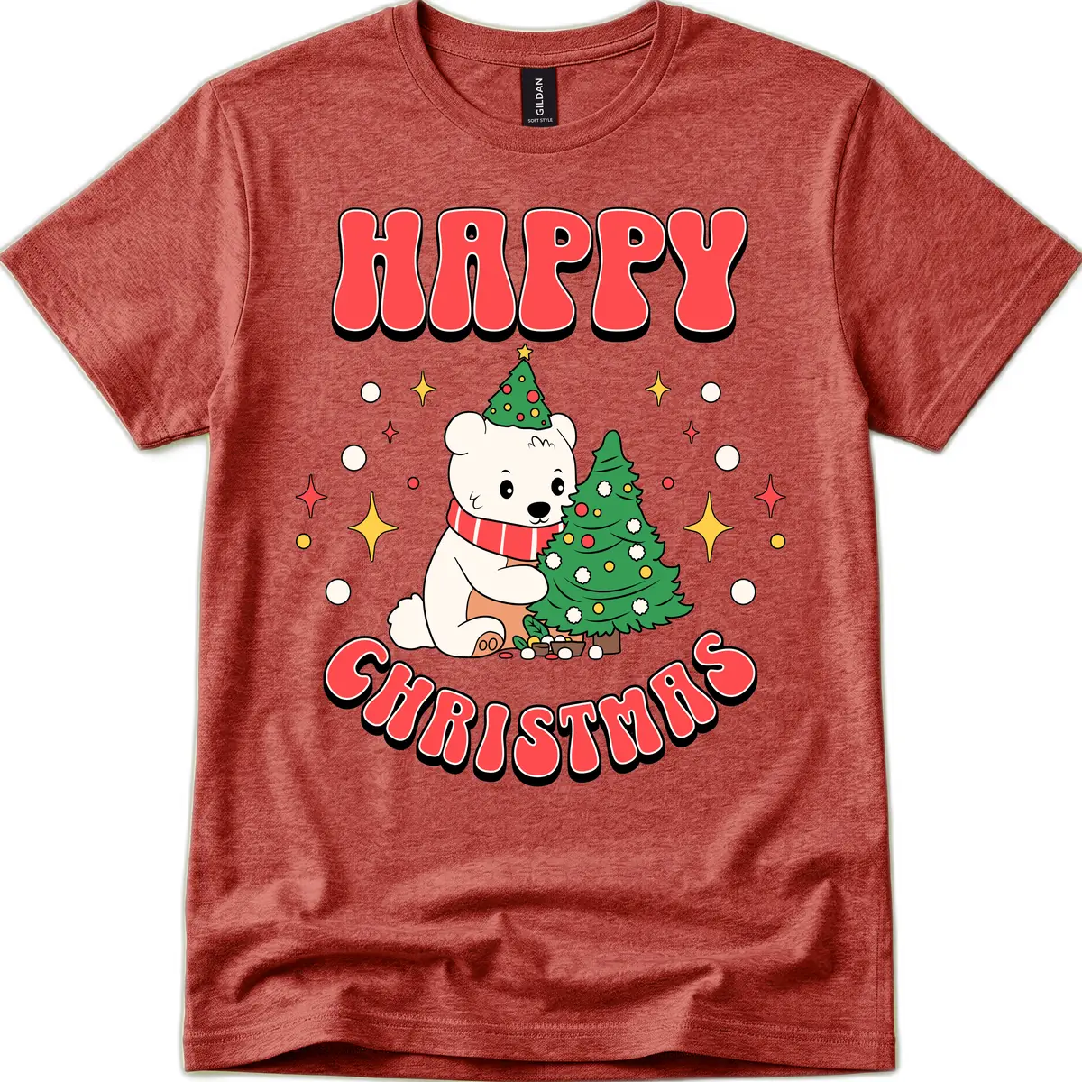 Happy Polar Bear Christmas T-Shirt in Heather Cardinal