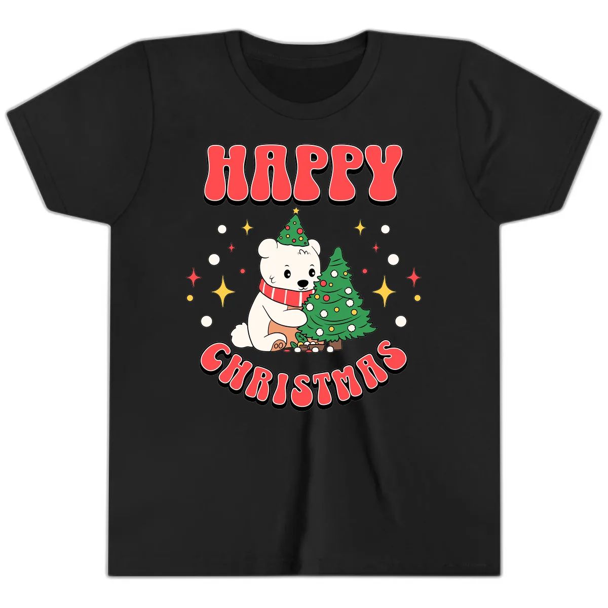 Happy Polar Bear Christmas Youth T-Shirt in Black