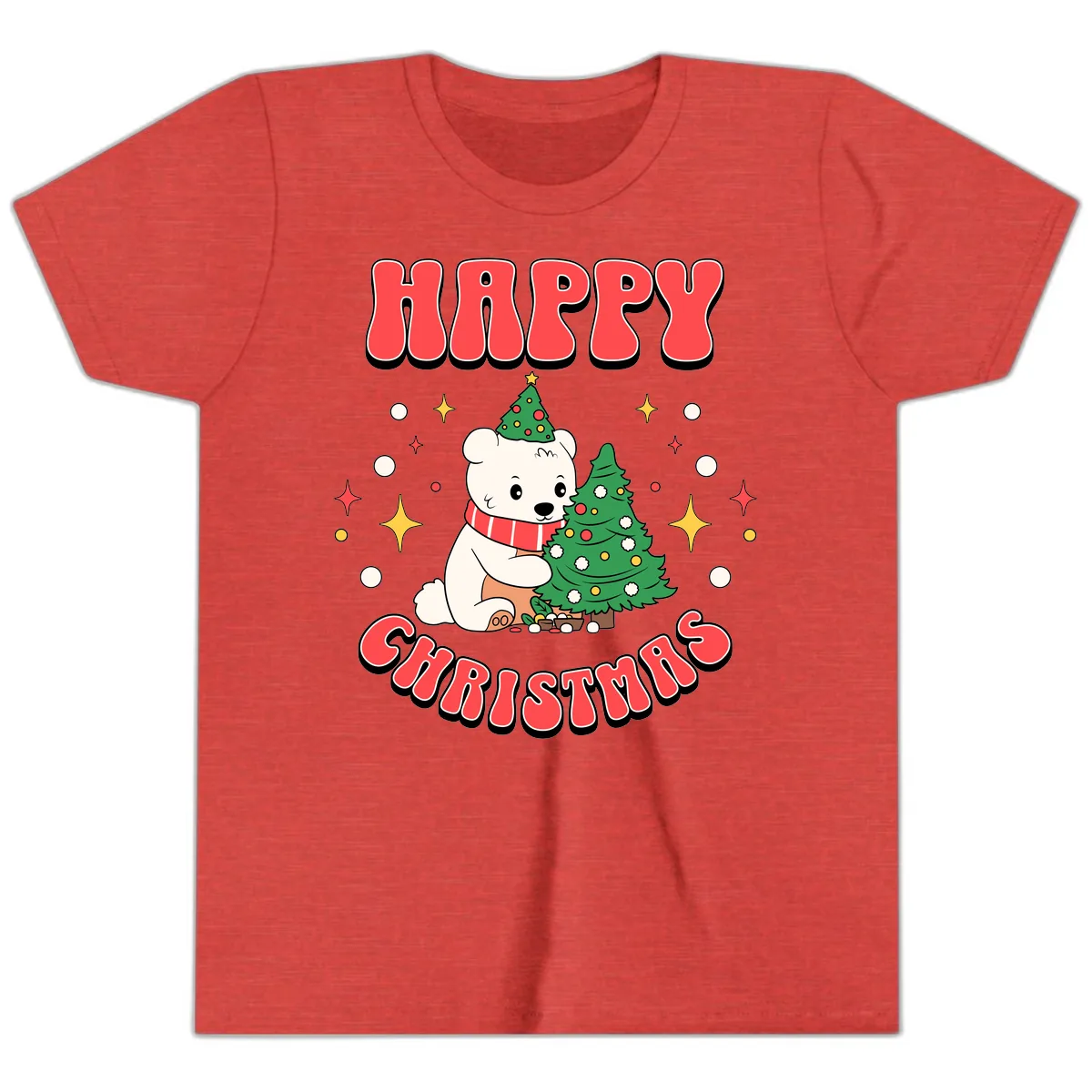 Happy Polar Bear Christmas Youth T-Shirt in Heather Red