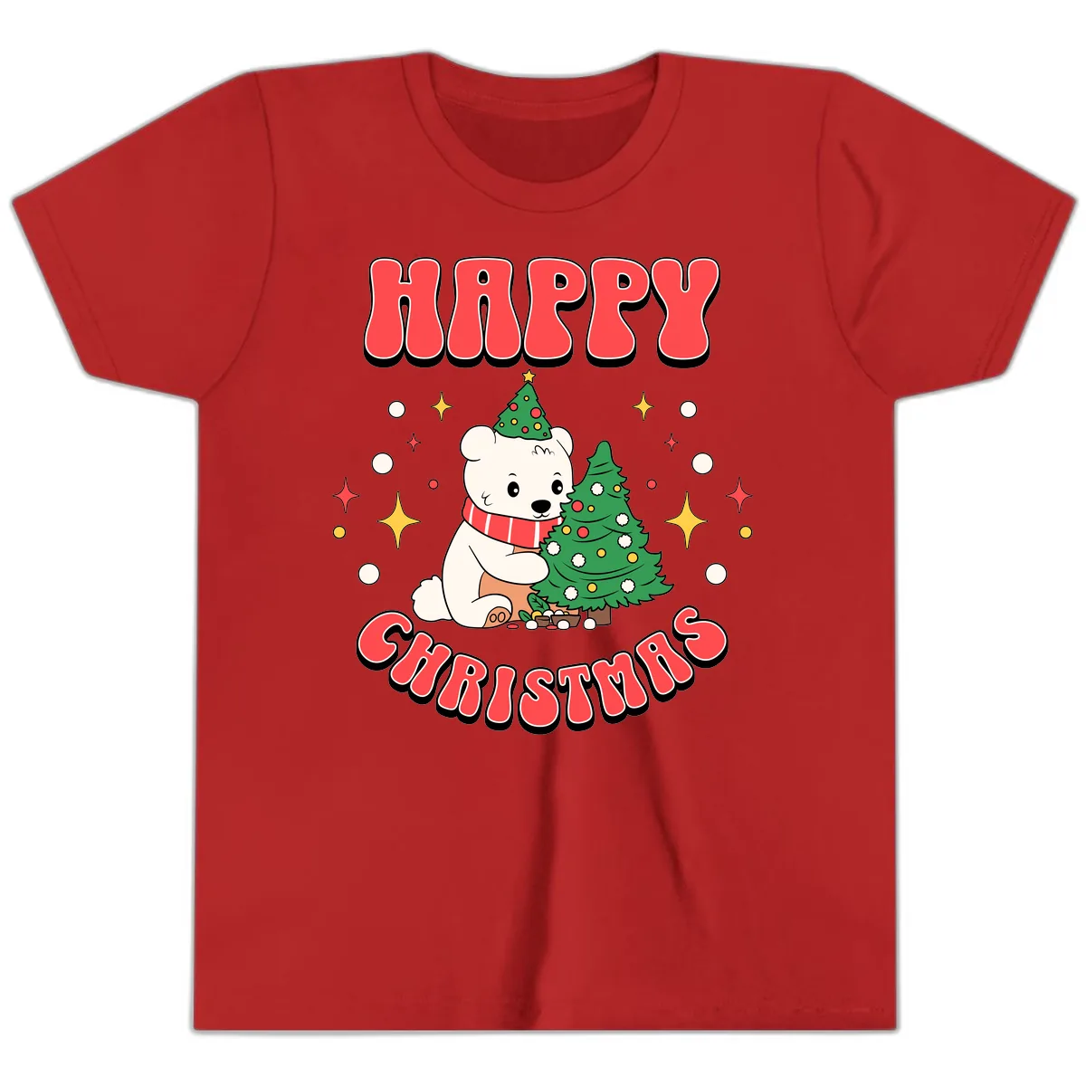 Happy Polar Bear Christmas Youth T-Shirt in Red