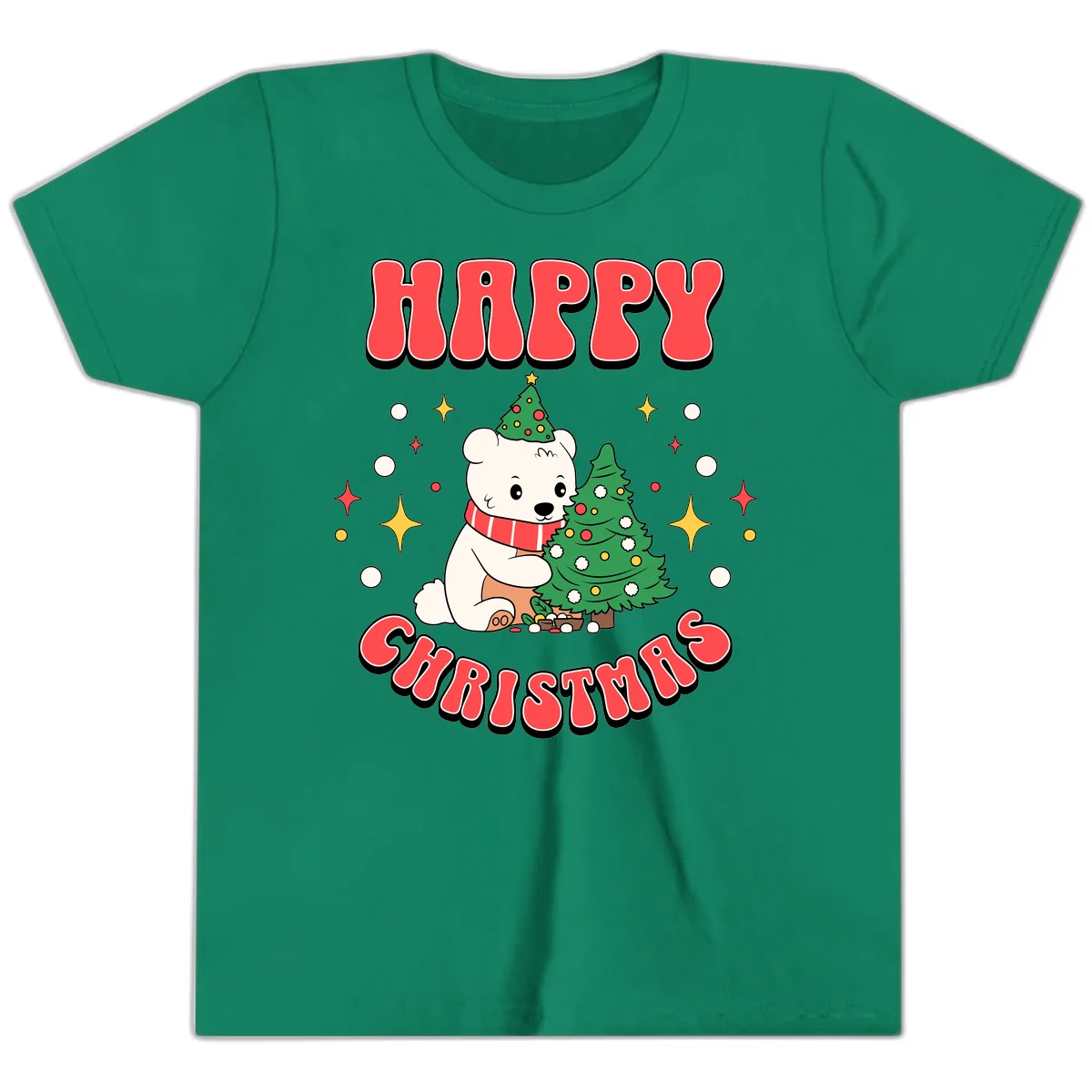 Happy Polar Bear Christmas Youth T-Shirt in Kelly