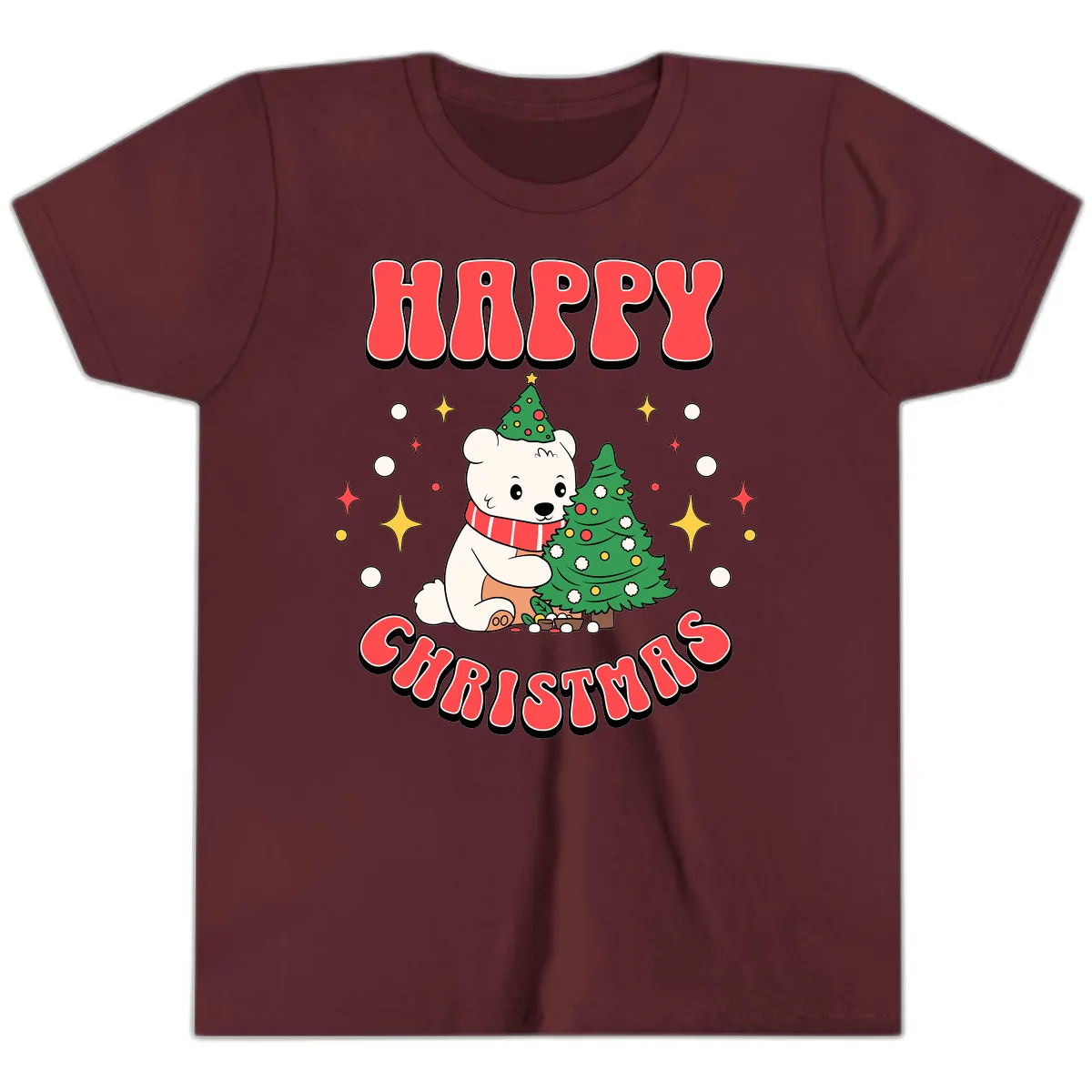 Happy Polar Bear Christmas Youth T-Shirt in Maroon
