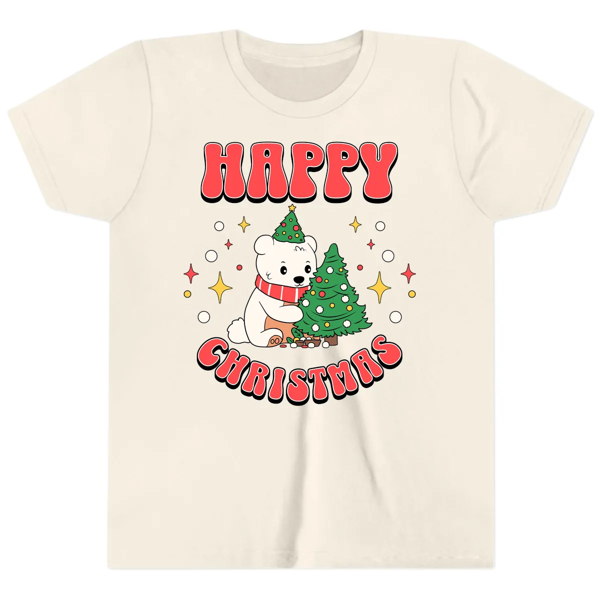 Happy Polar Bear Christmas Youth T-Shirt in Natural