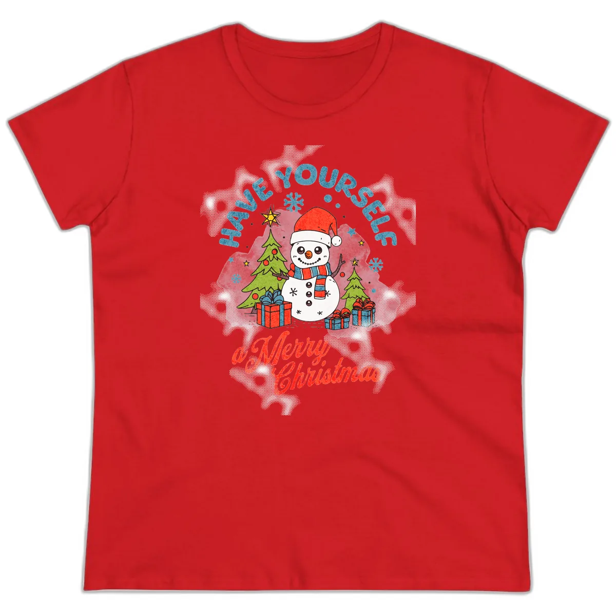Have Yourself A Merry Snowman Christmas Ladies Tee in Red