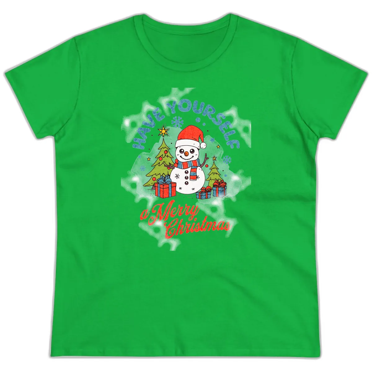 Have Yourself A Merry Snowman Christmas Ladies Tee in Irish Green