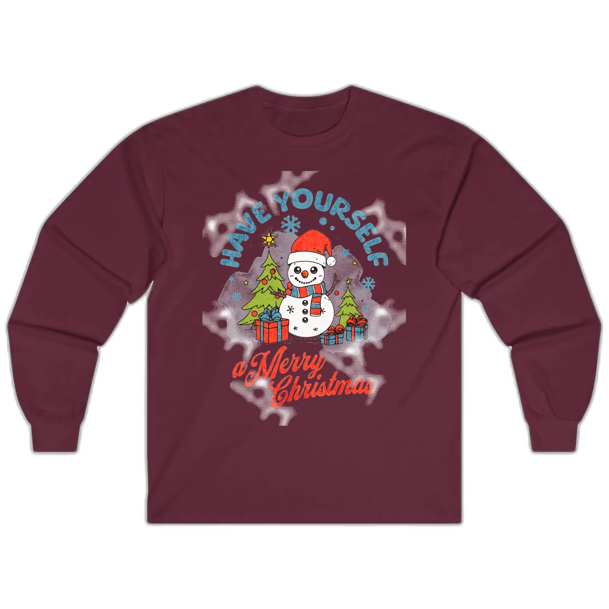 Have Yourself A Merry Snowman Christmas Long Sleeve in Maroon