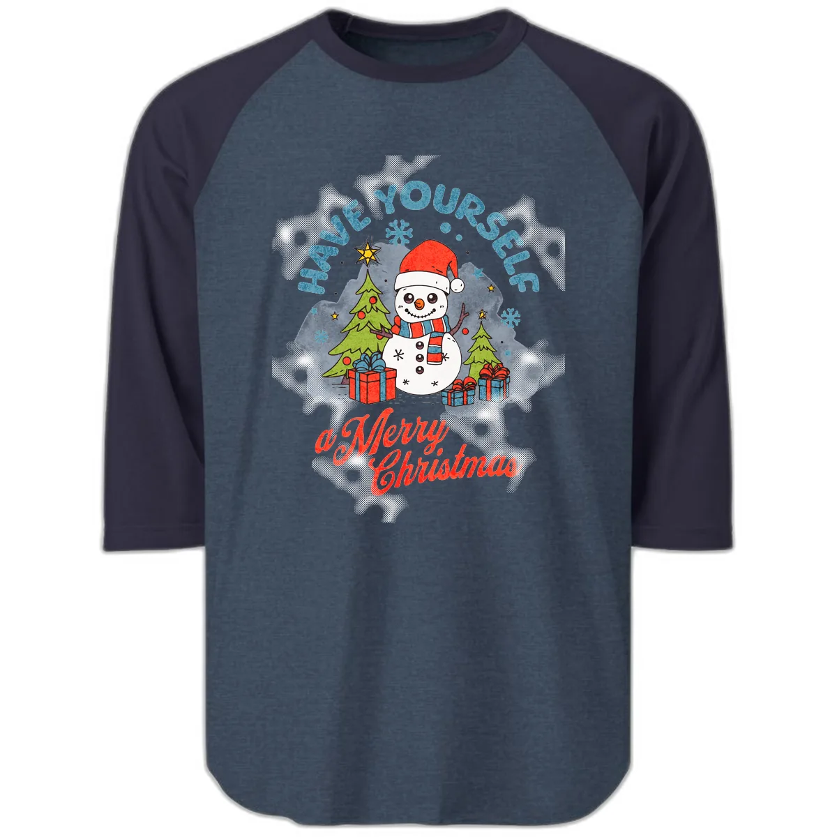 Have Yourself A Merry Snowman Christmas Raglan 3/4 in Heather Denim Navy