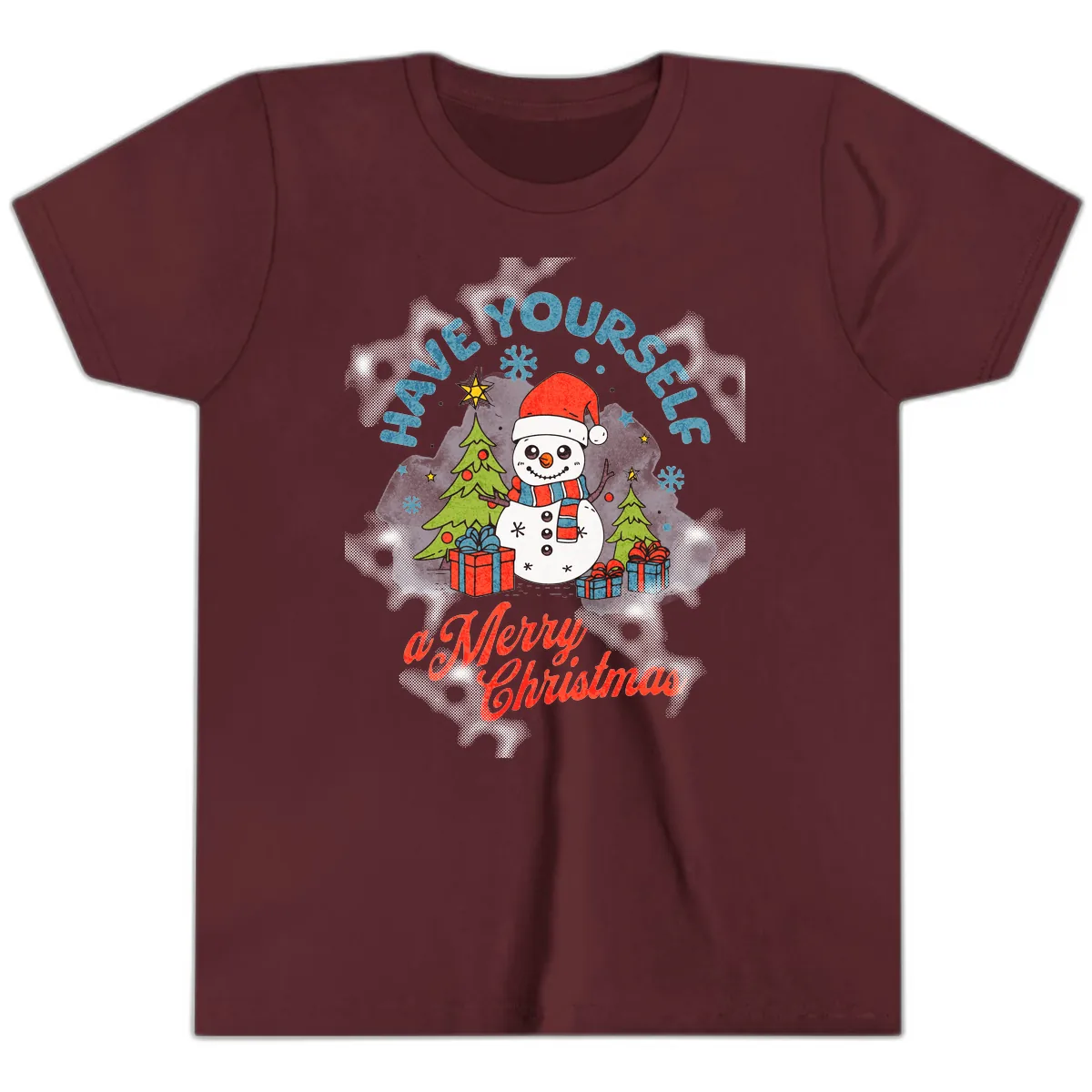 Have Yourself A Merry Snowman Christmas Youth T-Shirt in Maroon