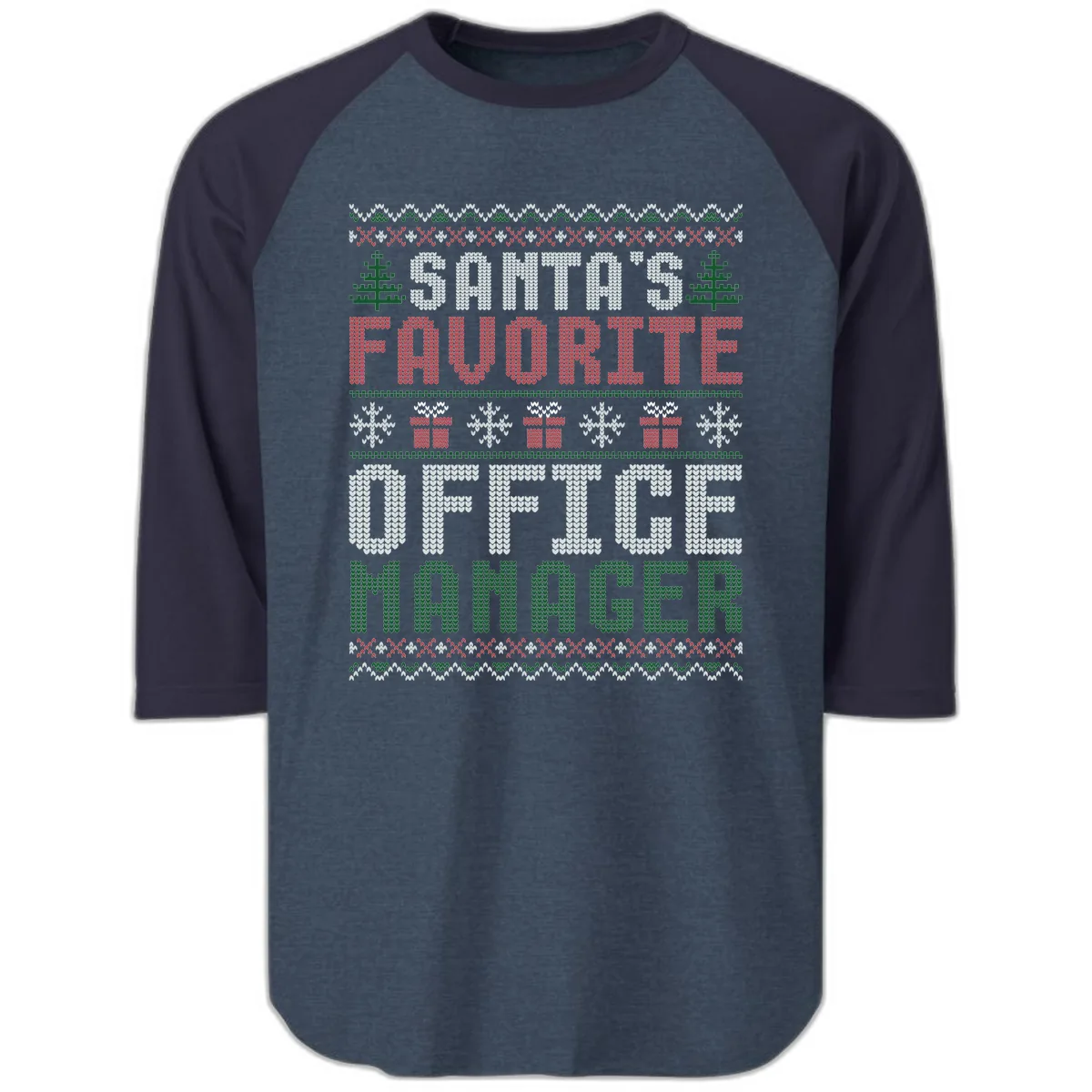 Santa's Favorite Office Manager Raglan 3/4 in Heather Denim Navy