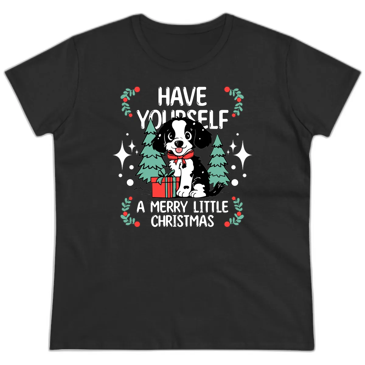 Have Yourself A Merry Little Christmas Dog Ladies Tee in Black