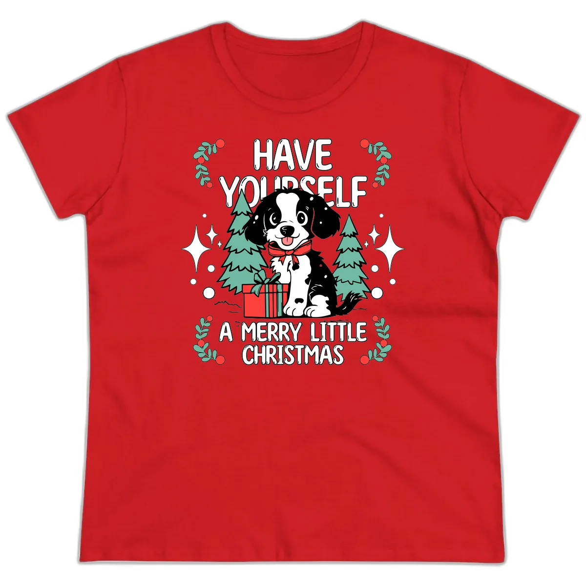 Have Yourself A Merry Little Christmas Dog Ladies Tee in Red