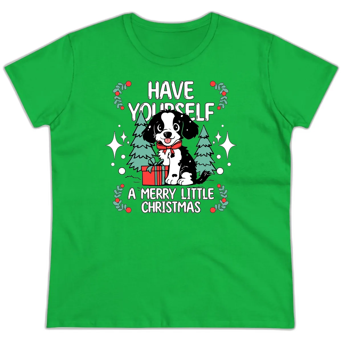 Have Yourself A Merry Little Christmas Dog Ladies Tee in Irish Green