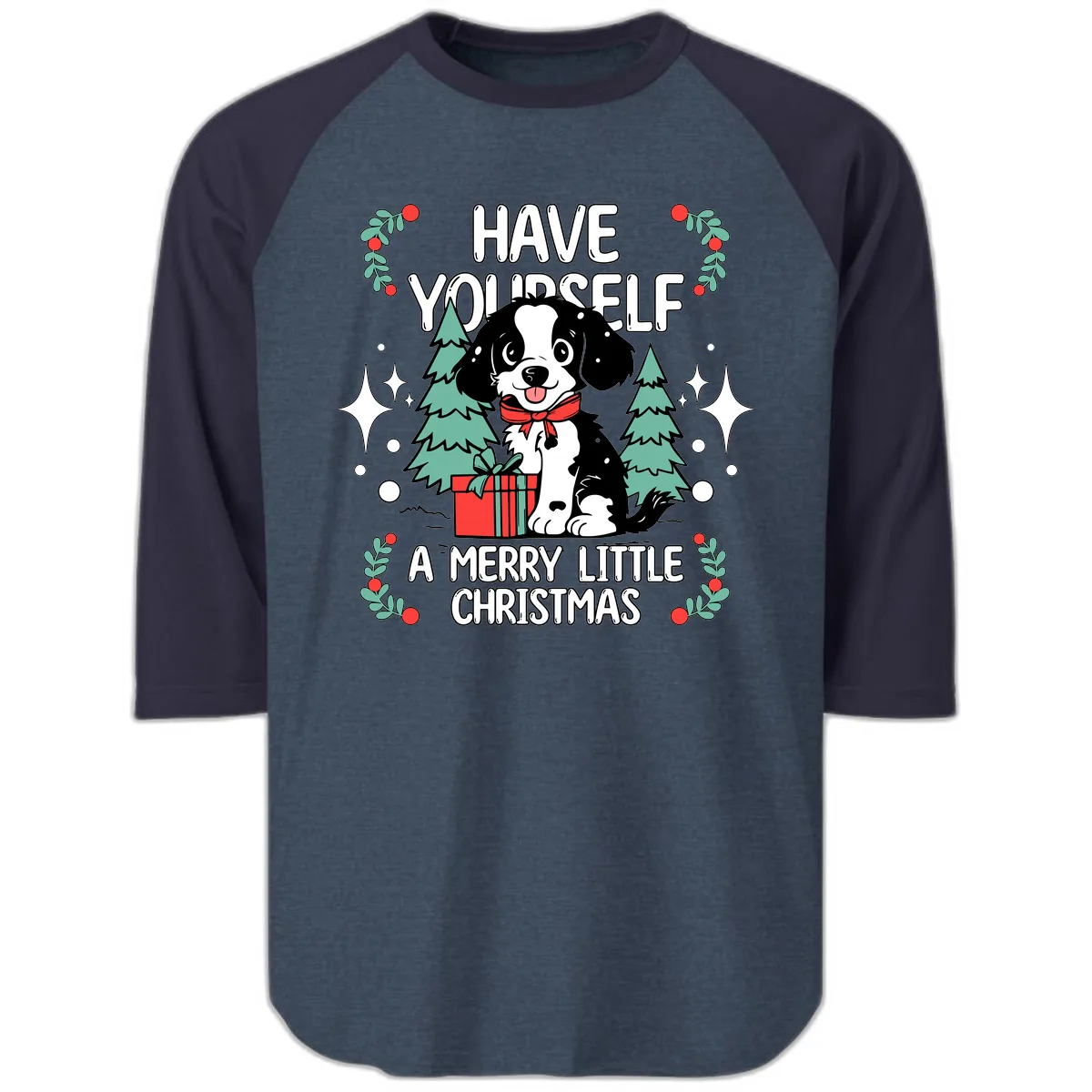 Have Yourself A Merry Little Christmas Dog Raglan 3/4 in Heather Denim Navy
