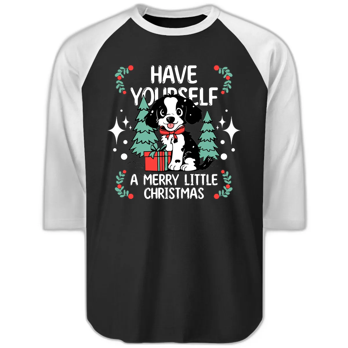 Have Yourself A Merry Little Christmas Dog Raglan 3/4 in Black White