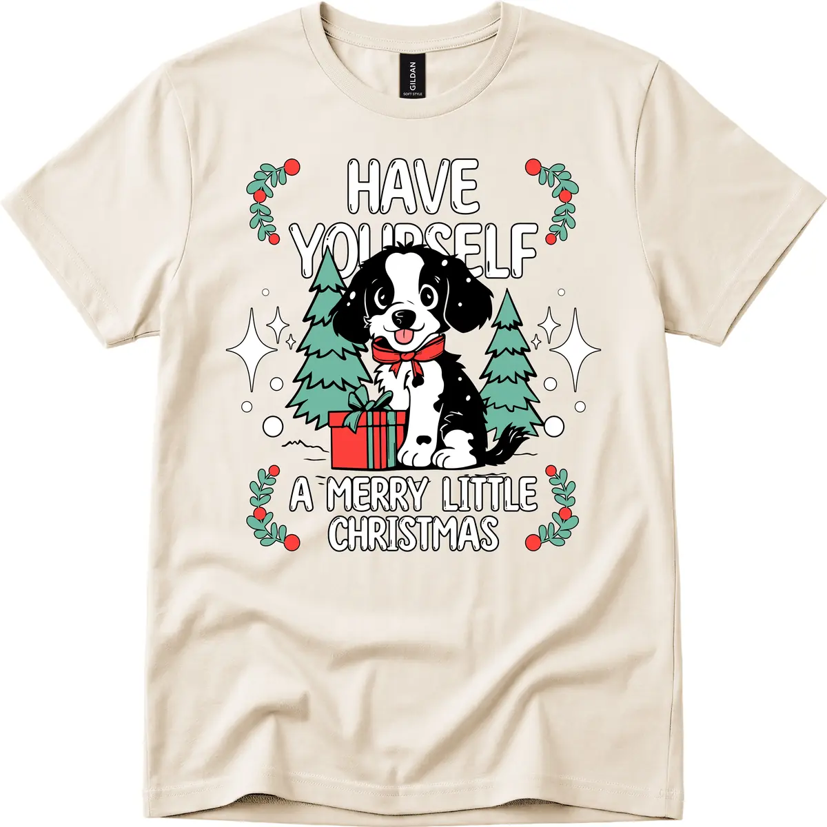 Have Yourself A Merry Little Christmas Dog T-Shirt in Natural