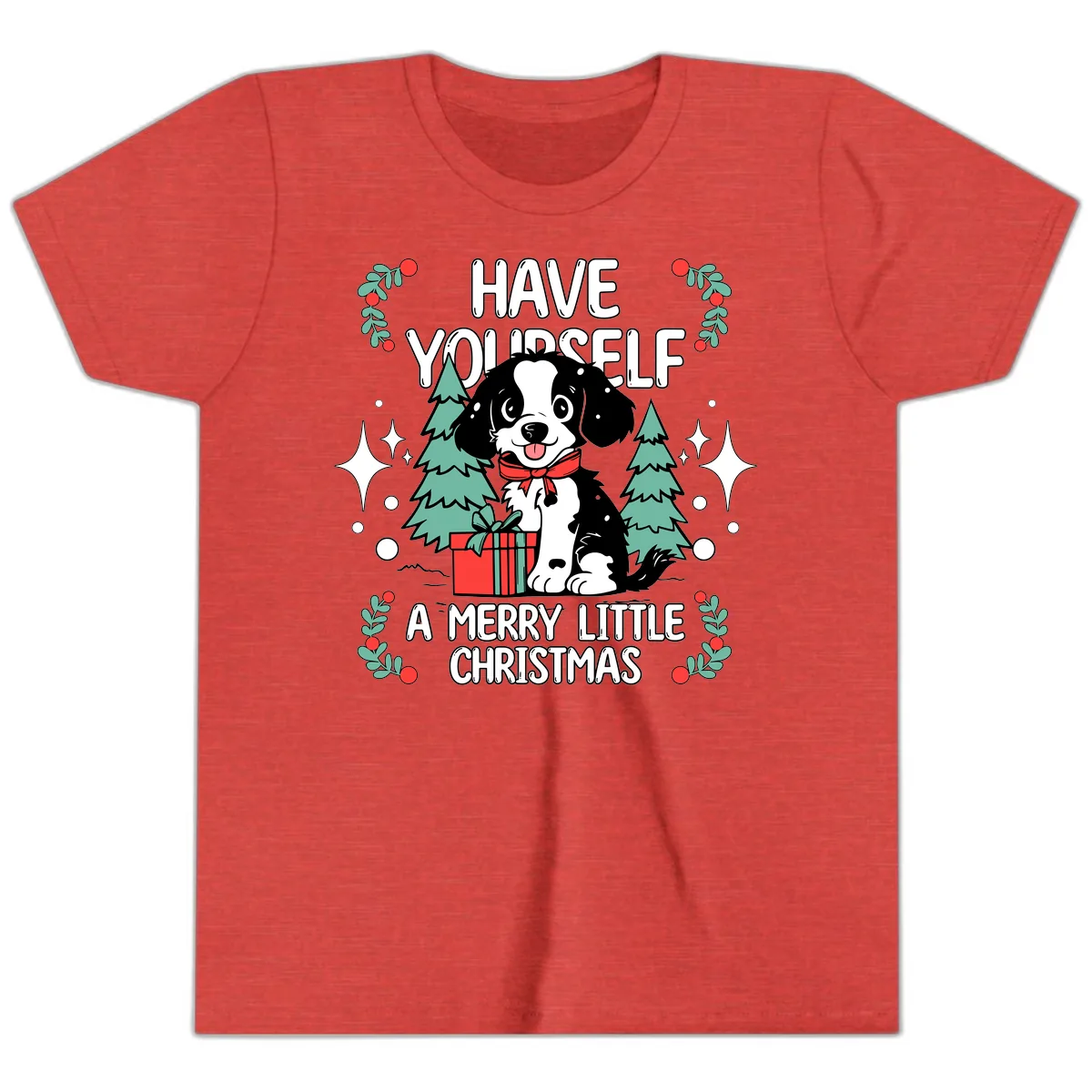 Have Yourself A Merry Little Christmas Dog Youth T-Shirt in Heather Red