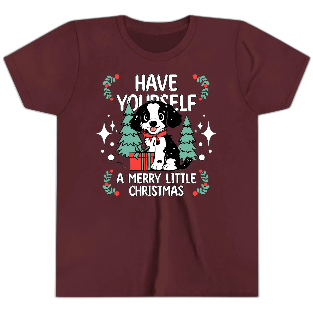 Have Yourself A Merry Little Christmas Dog Youth T-Shirt in Maroon