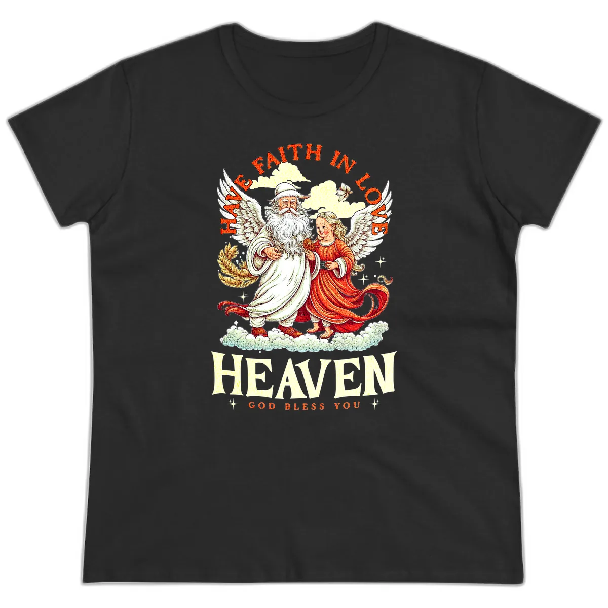 Faith In Love Heaven Santa Angel Ladies Tee in Black