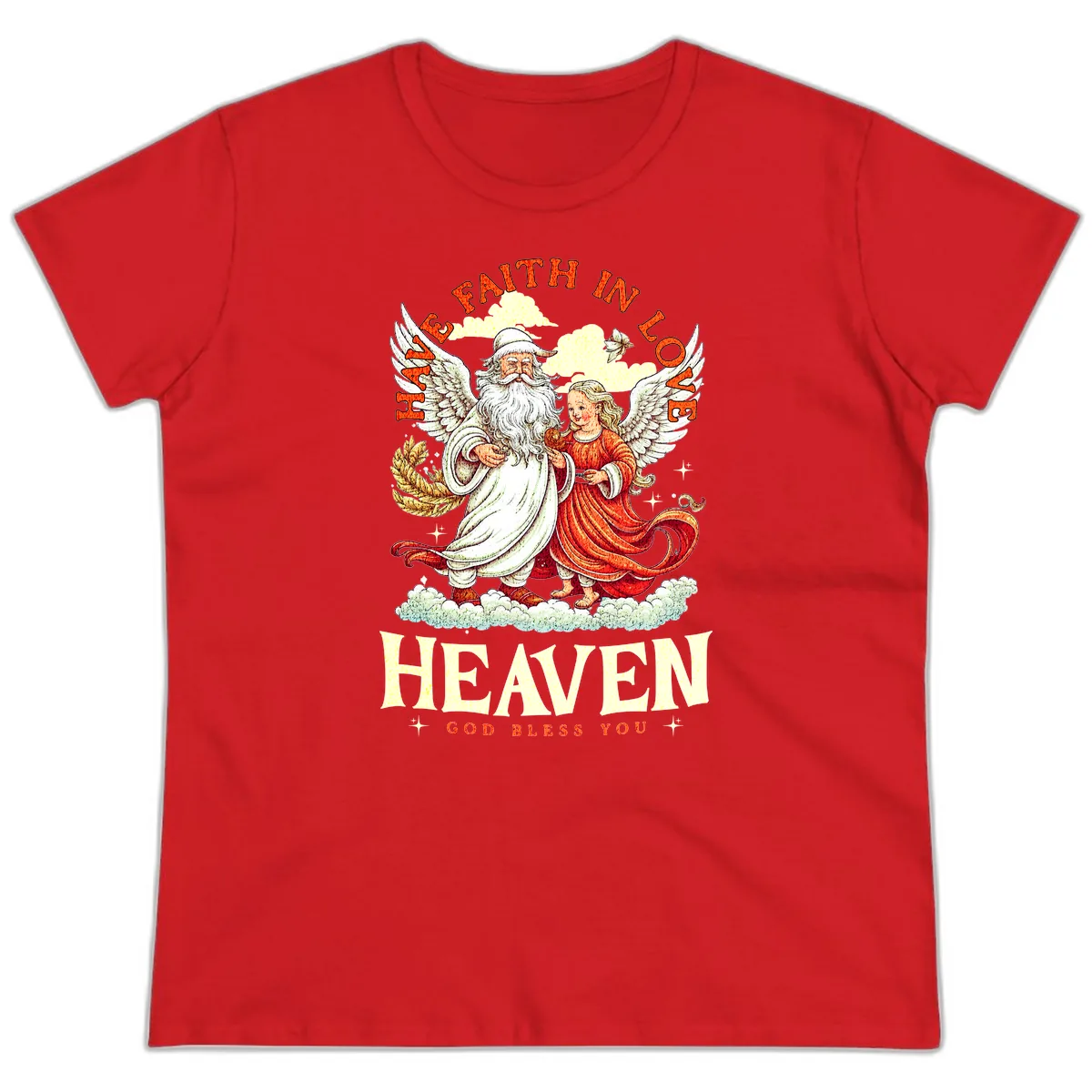 Faith In Love Heaven Santa Angel Ladies Tee in Red