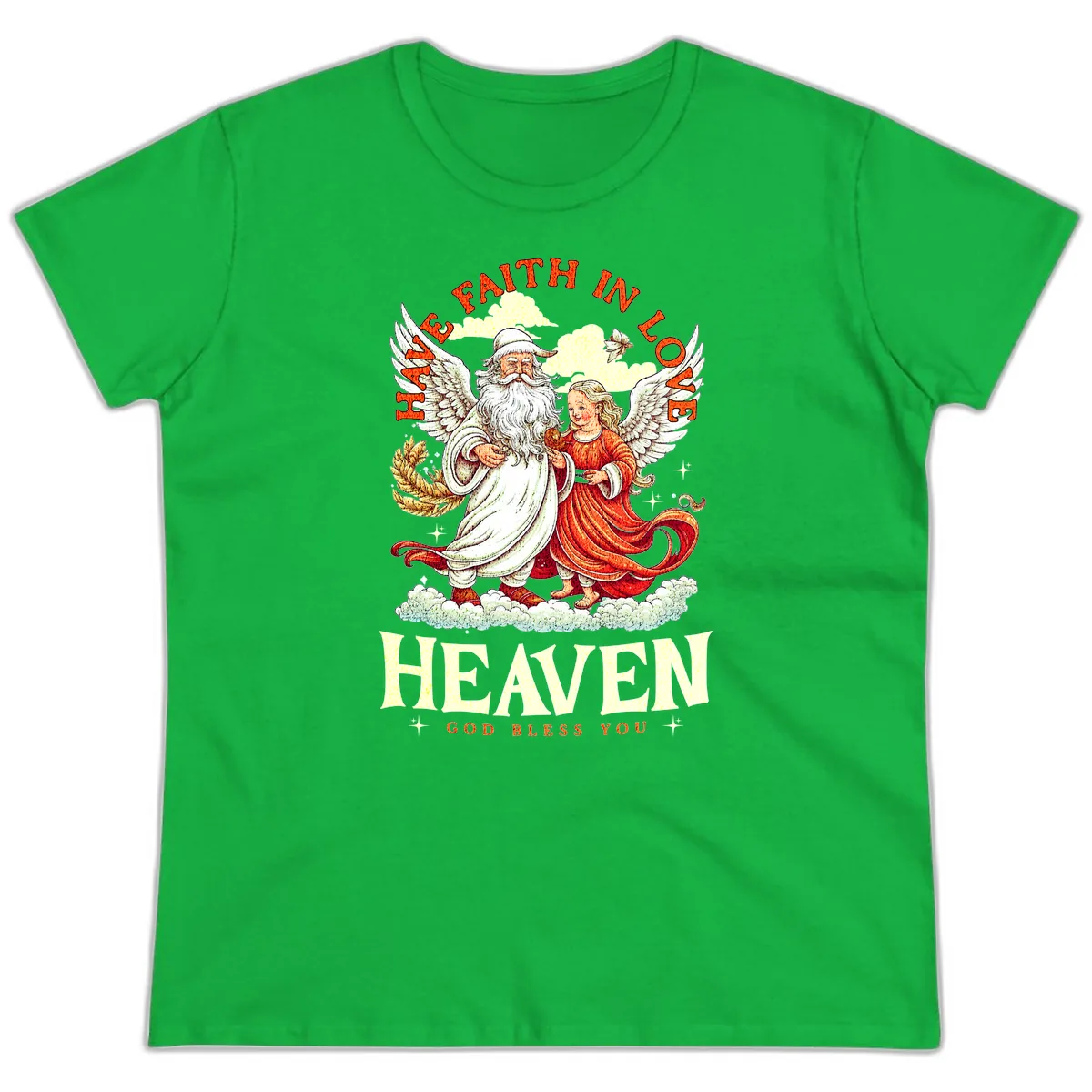 Faith In Love Heaven Santa Angel Ladies Tee in Irish Green