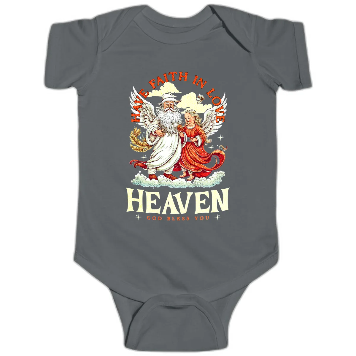 Faith In Love Heaven Santa Angel Baby Onesie in Charcoal