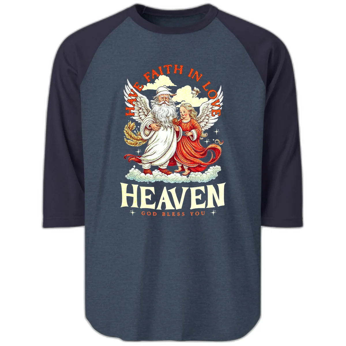 Faith In Love Heaven Santa Angel Raglan 3/4 in Heather Denim Navy