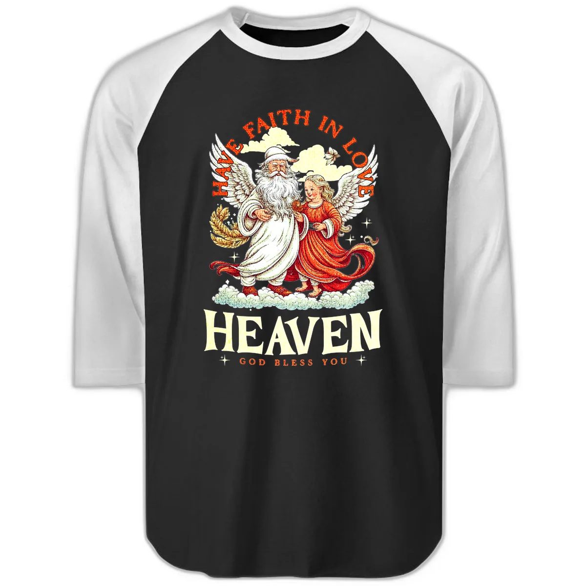 Faith In Love Heaven Santa Angel Raglan 3/4 in Black White