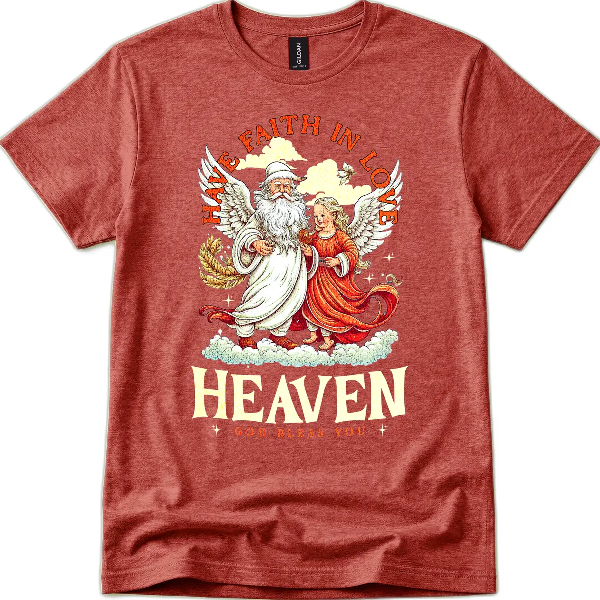 Faith In Love Heaven Santa Angel T-Shirt in Heather Cardinal