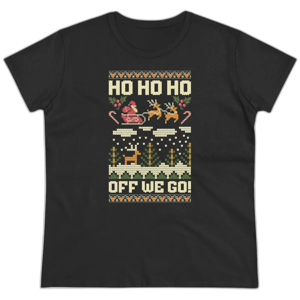 Ho Ho Ho Off We Go Christmas Ladies Tee in Black