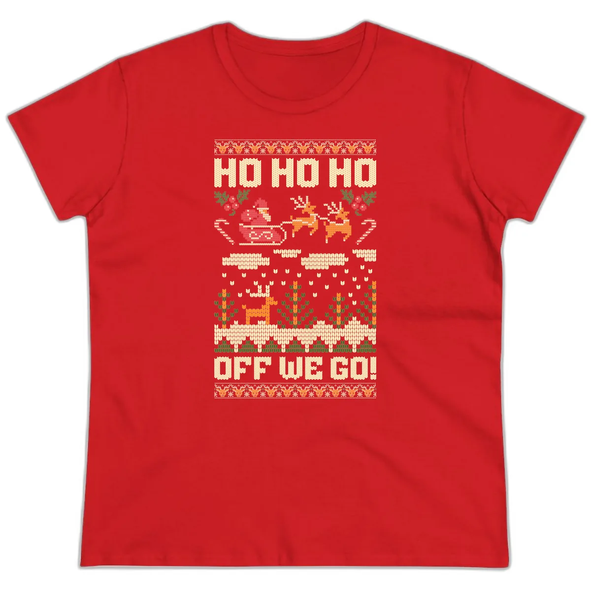 Ho Ho Ho Off We Go Christmas Ladies Tee in Red
