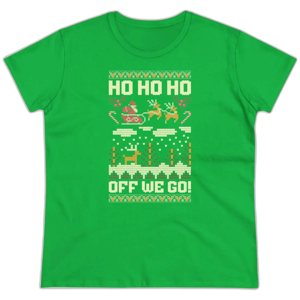 Ho Ho Ho Off We Go Christmas Ladies Tee in Irish Green