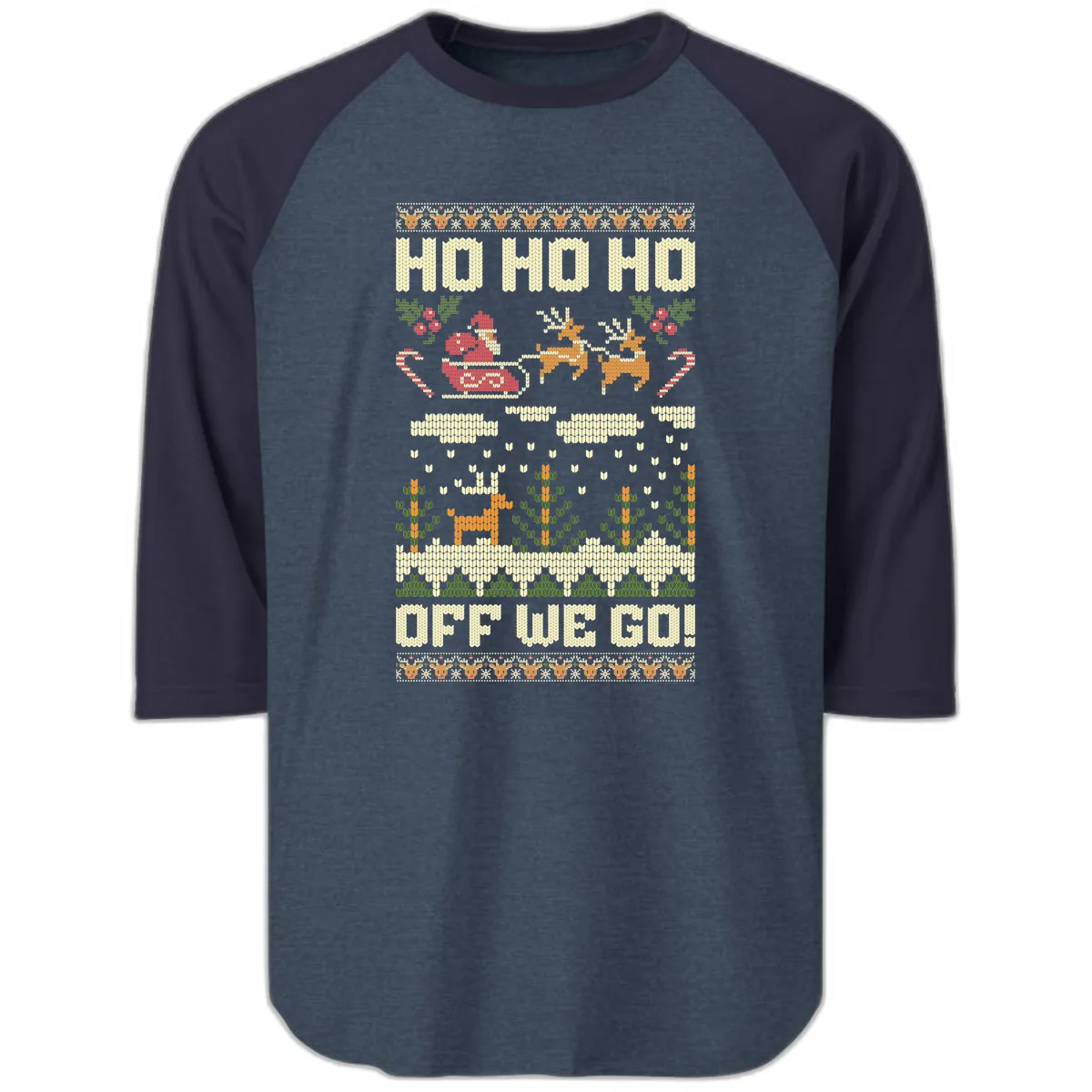 Ho Ho Ho Off We Go Christmas Raglan 3/4 in Heather Denim Navy