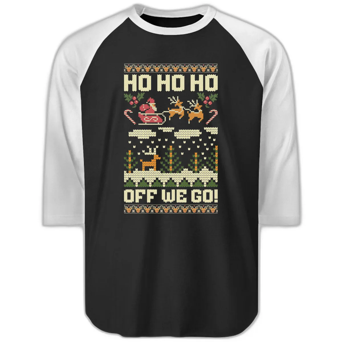 Ho Ho Ho Off We Go Christmas Raglan 3/4 in Black White