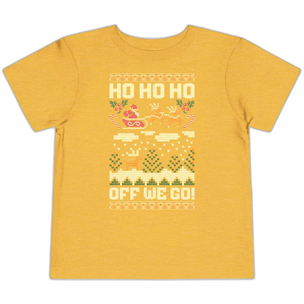 Ho Ho Ho Off We Go Christmas Toddler T-Shirt in Heather Yellow Gold