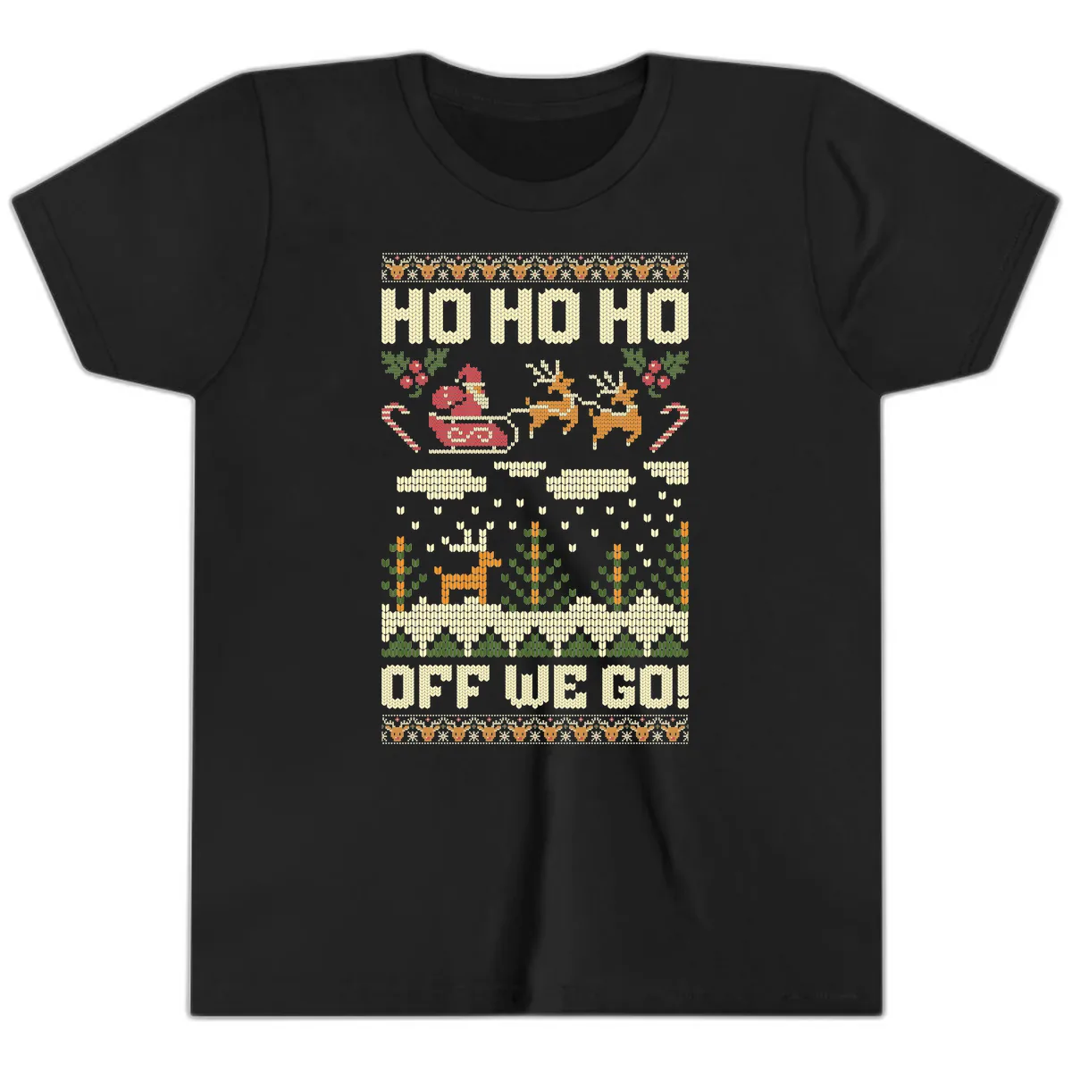 Ho Ho Ho Off We Go Christmas Youth T-Shirt in Black