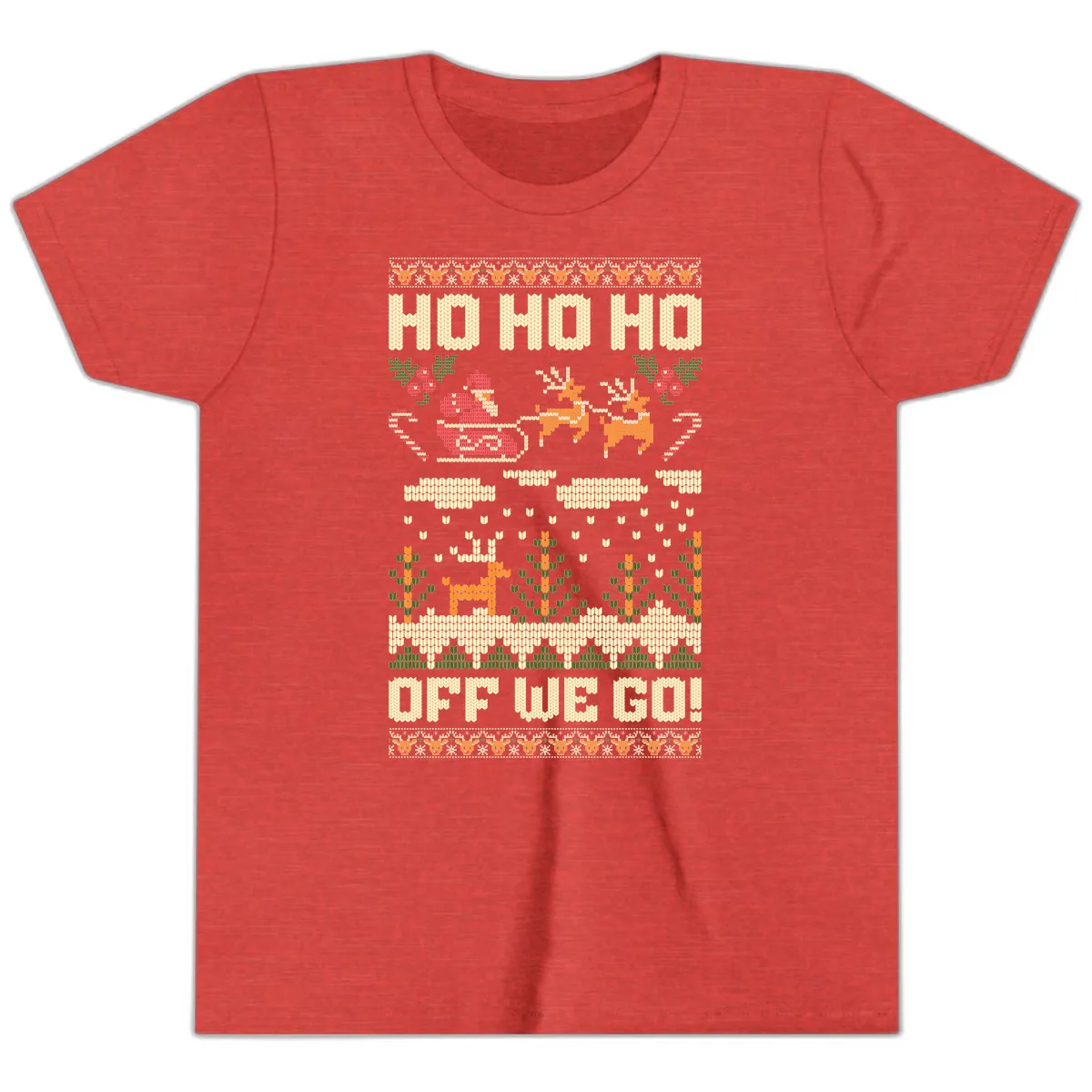 Ho Ho Ho Off We Go Christmas Youth T-Shirt in Heather Red