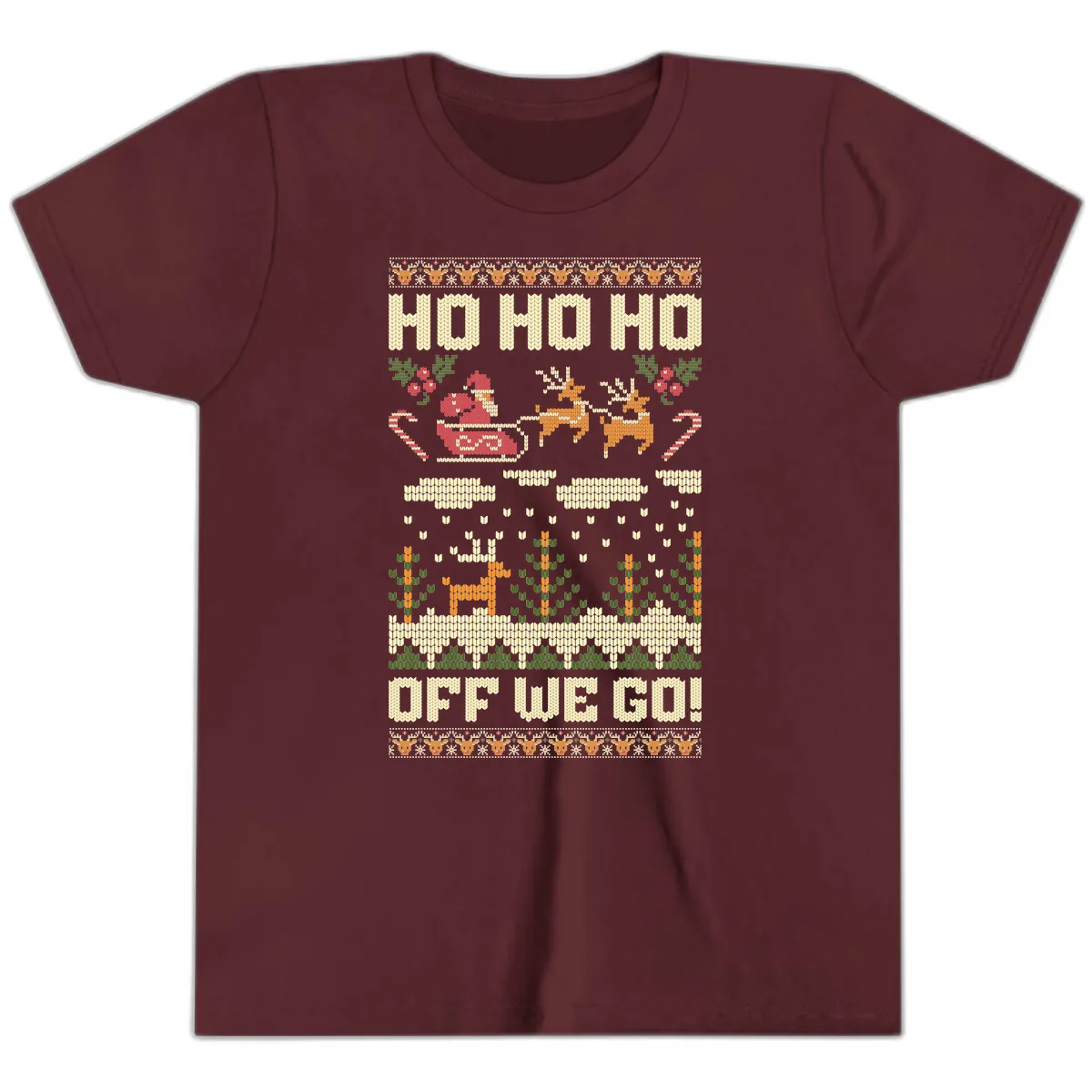Ho Ho Ho Off We Go Christmas Youth T-Shirt in Maroon