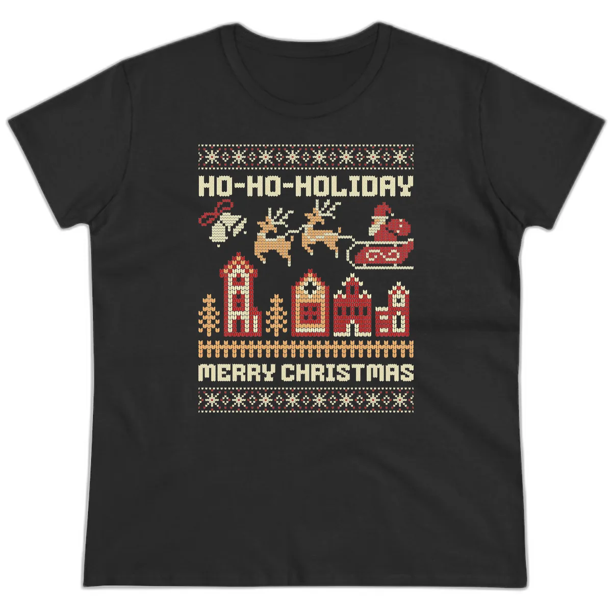 Ho Ho Holiday Ugly Christmas Sweater Ladies Tee in Black