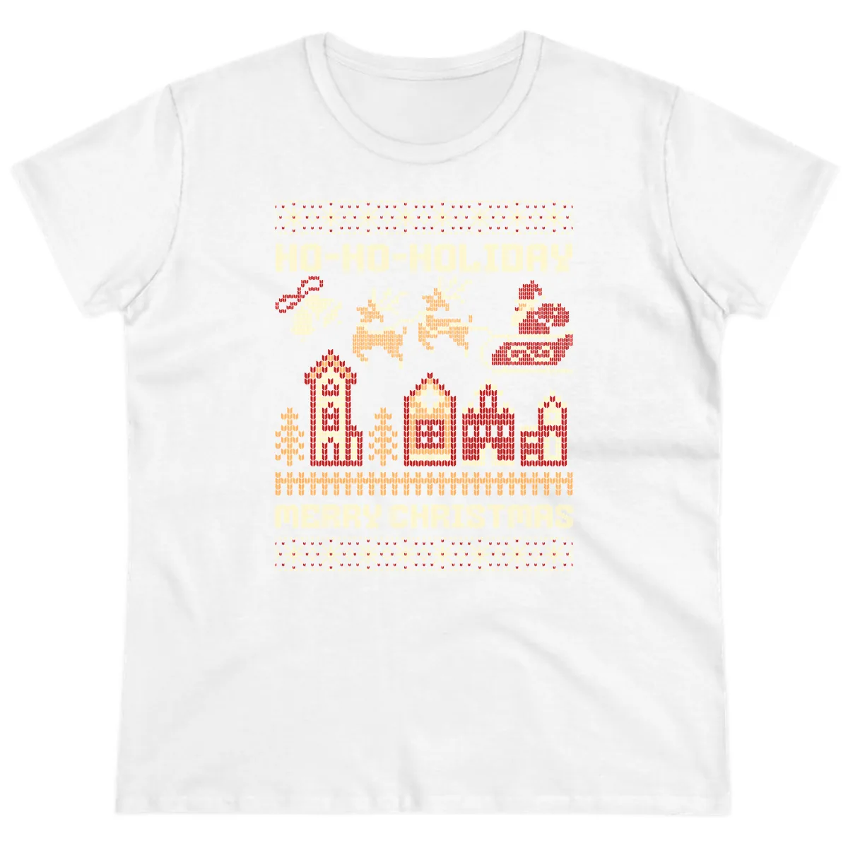 Ho Ho Holiday Ugly Christmas Sweater Ladies Tee in White