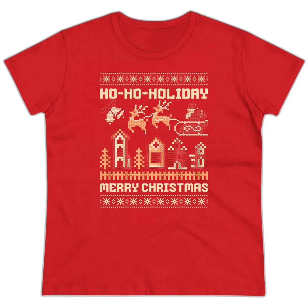 Ho Ho Holiday Ugly Christmas Sweater Ladies Tee in Red