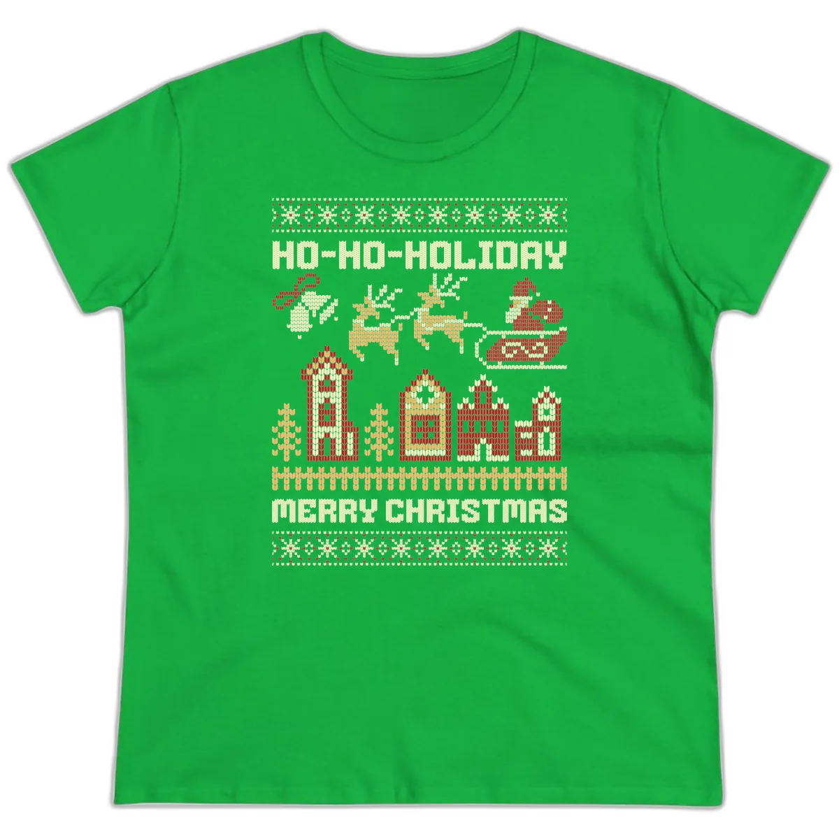 Ho Ho Holiday Ugly Christmas Sweater Ladies Tee in Irish Green
