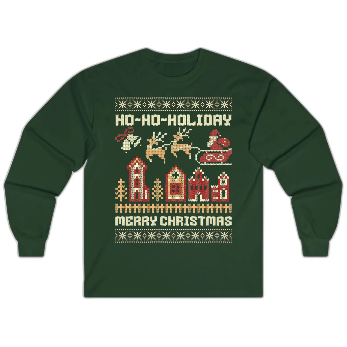 Ho Ho Holiday Ugly Christmas Sweater Long Sleeve in Forest Green