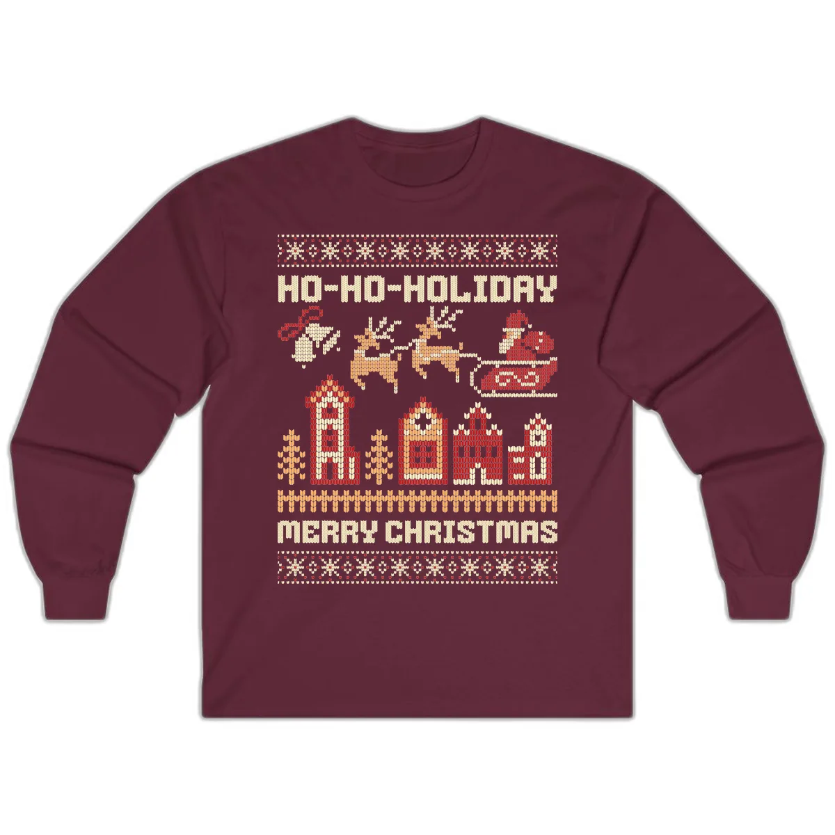 Ho Ho Holiday Ugly Christmas Sweater Long Sleeve in Maroon