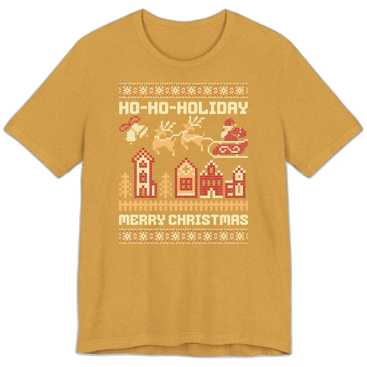 Ho Ho Holiday Ugly Christmas Sweater Premium T-Shirt in Heather Mustard