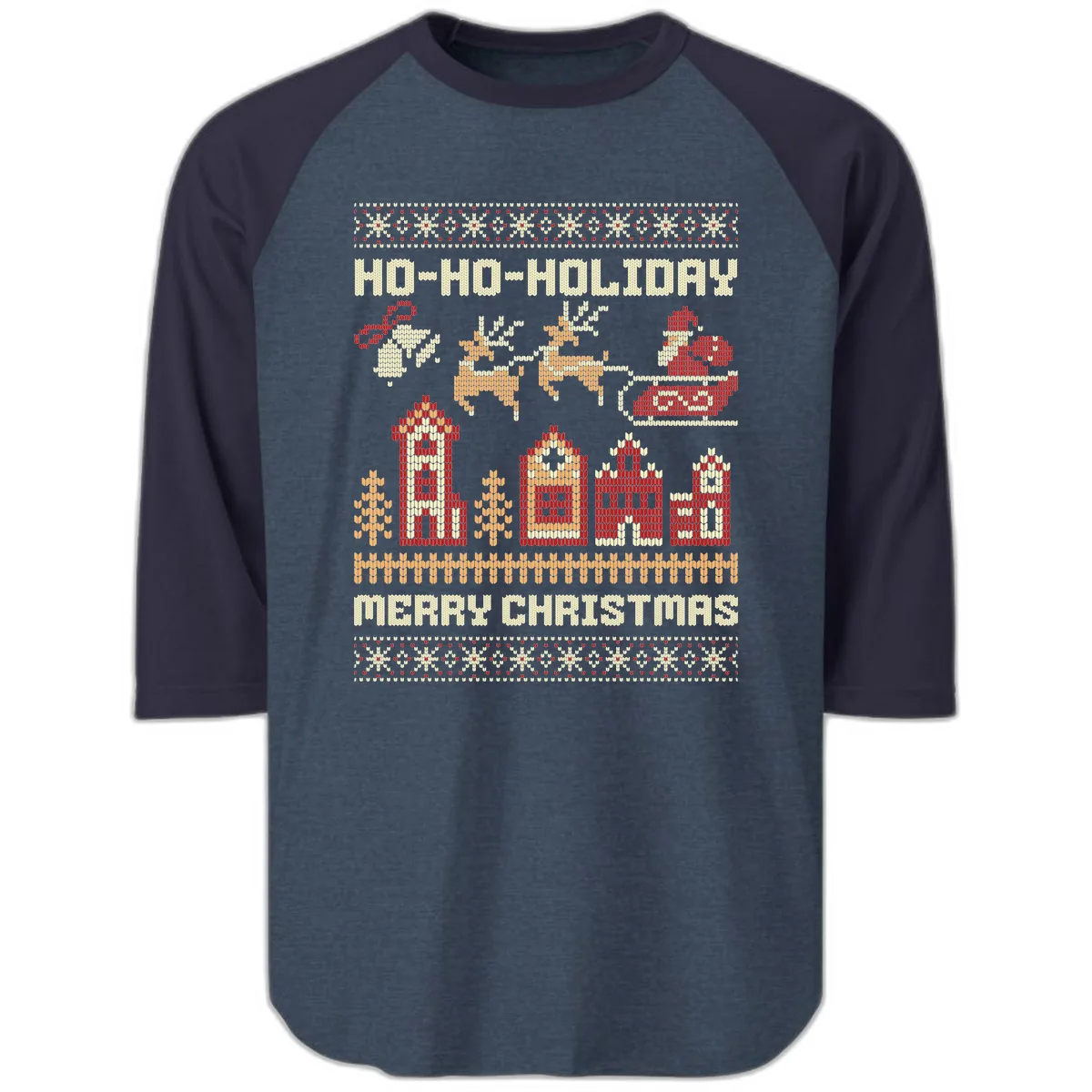 Ho Ho Holiday Ugly Christmas Sweater Raglan 3/4 in Heather Denim Navy